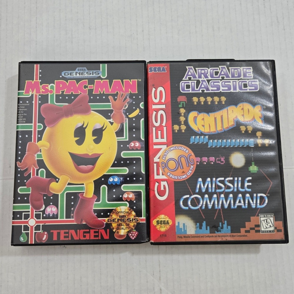 Sega Genesis 2 Game Lot Ms Pac Man and Arcade Classics Centipede Pong CIB 90s